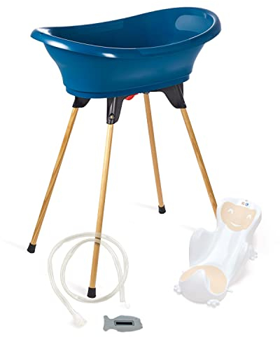 THERMOBABY - Pack Baignoire Bébé VASCO 5 En 1 - Baignoire, Pied En Bois, Tuyau De Vidange, Transat De Bain, Thermomètre - Bleu Océan - Pliable & Stable - Fabriqué En France