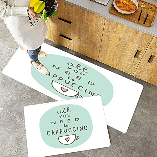 Küchenteppich Teppich Läufer Küchenläufer 2 Stück rutschfest,Lustige Worte, alles, was Sie brauchen, ein Cappuccino-Zitat mit Tasse Kaffee und Herz, Se, Waschbar für Flur Küche 40 x 100 cm+40 x 60 cm
