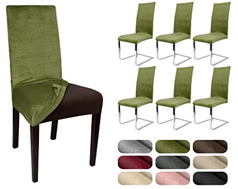 BEAUTEX Stuhlhussen Samt Stretch Stuhl & Schwingstuhl 6er Set Olivgrün LEA | 95% Polyester, 5% Elasthan, weiche Velours-Oberfläche, Rundum-Gummizug, 30 °C waschbar, faltenarm, formstabil & langlebig