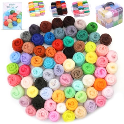 Wamkon Nadelfilz-Set, 72 Farben Wolle Roving-Garn Naturfaser Wolle Nadelfilzen Nadelfilzen Starter-Set mit 3-lagiger transparenter Aufbewahrungsbox für Nassfilzen Diy-Kreationen