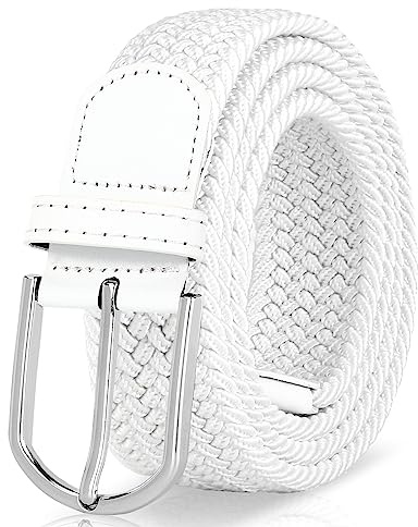 JASGOOD Mens Belt-Elastic Braided Stretch Belt with Covered Leather Buckle for Jeans Woven Trouser Belts for Men and Women, White(pin buckle), Fit Waist Size 33-37