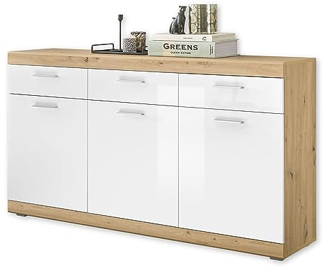 NOLA Sideboard in Artisan Eiche Optik, Weiß Hochglanz - Moderne Kommode mit Schubladen und viel Stauraum - 165 x 91 x 38 cm (B/H/T)
