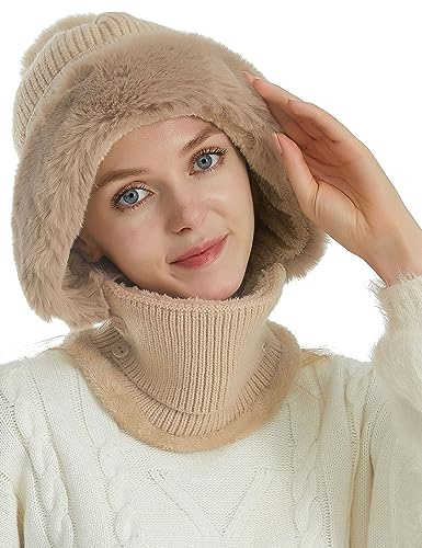 Womens Winter Knit Beanie Hat & Scarf Set - Girls Cute Slouchy Thick Fleece Lined Ski Hat with Pom & Ear Protectors in Khaki