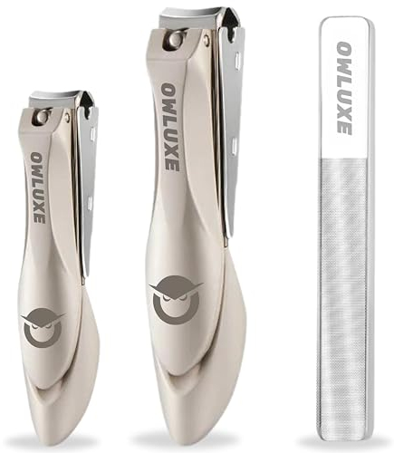 Heavy Duty Nail Clippers Set 3 with Catcher, Wide Jaw Ultra Sharp Edge Fingernail & Toenail Clippers for Thick Nails, Includes Nail Files, Complete Nail Kit by Owluxe in Gift Box for Men and Women