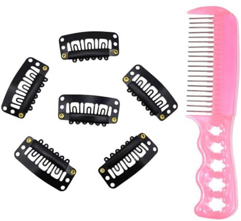 AUBWIG Clips de peluca Clip de extensiones de cabello Clip de metal en forma de U Snap Clip de 32 mm Pinzas para el cabello de 6 dientes Cepillo para el cabello de la peluca Peine desenredante