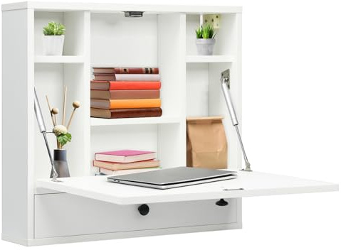 COSTWAY Mesa Plegable Pared, Estantes y Cajón, Escritorio Plegable Pared Oficina Cocina Espacios Pequeños, 60 x 15 x 57 cm, Mesa Abatible de Pared (Blanco)