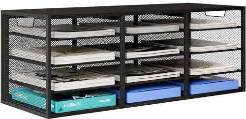 EasyPAG 12 Fächer Metall Holz A4 Büro Schreibtisch Organizer Dokumentenhalter Aktenablage Zeitschriftenhalter Briefablage Papier Magazin Organisator,Schwarz
