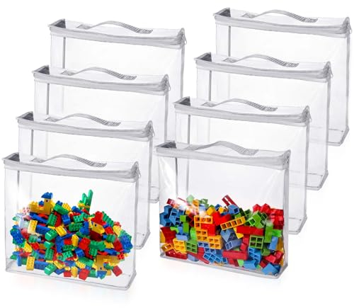 BOXOB 8pcs Toy Storage Bags with Zipper, 12.6x12.2x3.15 Inch Clear Storage Bags PVC Toy Organizing Bags Toy Bags for Building Blocks Puzzles Toys