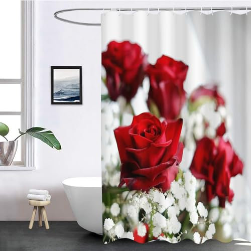SHROUDEX 4Pcs Rose Duschvorhänge Set 180x200 180x180 Rose Flower Regentropfen-Duschvorhang Valentinstag Blumen Shower Curtains Wasserdichter (5,180 x 180 cm)