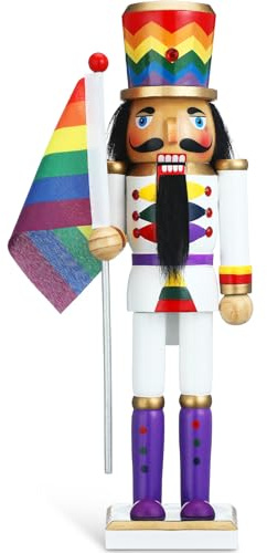 Gerrii 12 Inch Gay Pride Nutcrackers Figures Decor Wooden Christmas Nutcracker Ornament with Rainbow Flag Festive Collectible Crafts for Xmas Fireplace Table Decor Gifts(White Nutcracker)