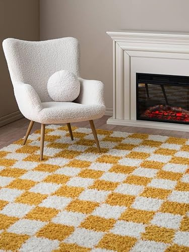 RugVista Chessie Teppich, 140 x 200 cm, Gelb/Off Weiß | Moderne, Rechteckig, Niedriger Stapel, Nur chemische Reinigung, Oeko-Tex 100, Wohnzimmer, Schlafzimmer