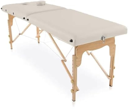 PLUS SANTE - Table de Massage Pliante Professionnelle Livia 2 Plans, Légère et Ergonomique avec Sac de Transport, Confort Optimal (Bois, Ivoire)