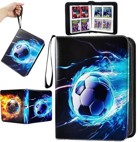 Abiemuce Fussball Karten Sammelalbum, 4 Fächer 50 Pcs Seite für bis zu 400 | Sammelkarten Album Tragbarer Wasserdicht PU Leder Reißverschluss Sammelalbum Fußball Karten zum Sammeln und Tauschen