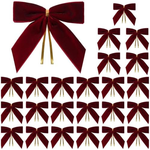 Weihnachtsbaumschleifen | 24er-Pack burgunderrote Samtschleifen für den Weihnachtsbaum | Weinrote Weihnachts-Samtornamente | Samtschleifen mit Drehband für Girlande, Zaun, Haustür, Kamin