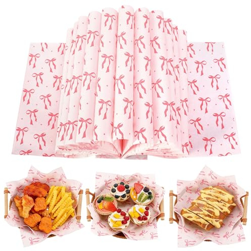 JarThenaAMCS 150 Sheet Pink Bow Wax Paper Lovely Bowknot Wrapping Tissue Paper Deli Paper Basket Liners for Home Kitchen Restaurant Baking