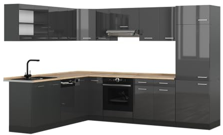Vicco Eckküche R-Line, Anthrazit Hochglanz/Anthrazit, 287 x 227 cm | 12 Module · Höhenverstellbare Füße · Ohne Arbeitsplatte · Robuste Fronten · Mit Kühlschrankumbauschrank