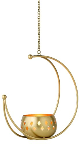 Boho Hängewindlicht Afmia handgefertigt aus Metall in Gold 23 cm hoch