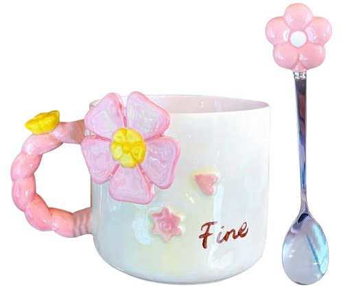 Floral Coffee Mug, 500ml Pink 3D Flower Mug with Spoon, Large Capacity Drinkware, Aesthetic Home and Garden Supplies for Cafe, Spring, Cottage Decor, 3.15x3.94x1.97 inches