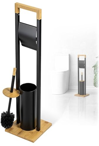 KADAX Toilettenpapierhalter mit integrierter WC-Bürste, Klopapierhalter Stehend mit Klobürste für Badezimmer, WC Garnitur aus Stahl und Bambus (Schwarz)