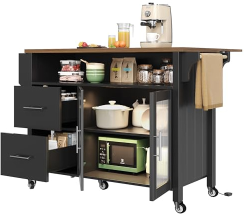 Isla de cocina con divisores extraíbles, carrito de comedor con encimera, armario de cocina con vitrina de cristal, LED, toallero lateral con ruedas