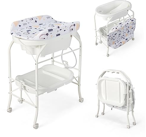 COSTWAY 4 in 1 Wickeltisch klappbar mit Badewanne, tragbare Wickelkommode mit Wickelauflage, mobile Wickelstation mit Universalrädern für 0-12 Monate Baby, bis 35 kg belastbar (Weiß)