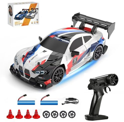 Siereolly Drift bil 1:24 Fjärrstyrd 20 km/h 4WD 2,4 GHz Mini RC-bil med två batterier och LED-belysning för barn