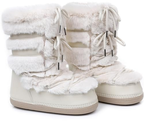 Snow Boots for Women,Winter Furry Faux Fur Boots Winter Black White Pink Fur Lined Lace-up Mid-Calf Non-Slip Fuzzy Boots (beige, Adult, Women, 8, Numeric Range, US Footwear Size System, 9, Medium)
