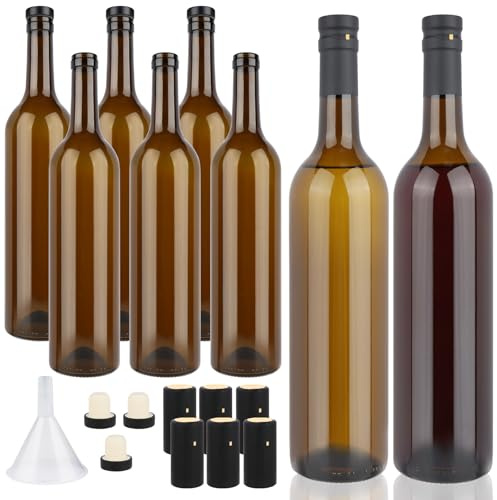 GUANENA 8 Pack 750ml Dark Amber Glass Bottles with Cork Lids and PVC Shrink Capsules, Empty Home Brewing Wine Bottles with Funnel for Sparkling Wine, Juice, Kombucha, Beverages
