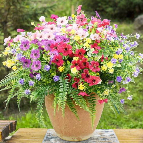 DUBFIVSI 14 Piezas Flores Artificiales Exterior y Interior, Plantas Artificiales Resistentes A Los Rayos UV, Flor Falsas Decoración para Jardín Patio, Terraza y Hogar, Helechos y Arbustos Decorativos