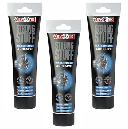 FNX 3 x Evo-Stik Strong Stuff Waterproof Glue & Adhesive | Instant Grab, All-Purpose Indoor & Outdoor Use | Bonds Brick, Ceramic, Fabric, Glass, Leather, Metal, Plastic, Wood | Dries White, 300g Total