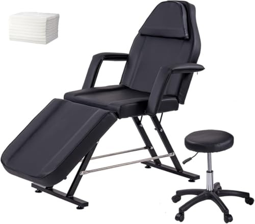 LSBIKE Kosmetikliege mit Hocker und Einwegbezügen – Verstellbare Massageliege 3-Zonen, Liege für Kosmetikstudio, Tattoo & Spa – Massagetisch mit Abnehmbarer Kopfstütze & Armlehnen (Schwarz)