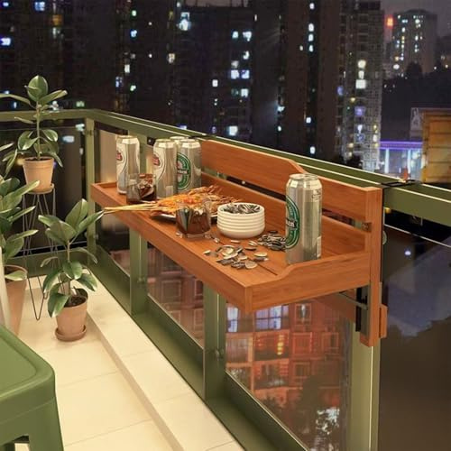 NLLATEI Mesa Colgante para Balcón Plegable de Madera Maciza - Mesa Auxiliar de Jardín Resistente a la Intemperie, para Barandillas de 3-11 cm, Ideal para Terraza, Patio y Balcón Pequeño
