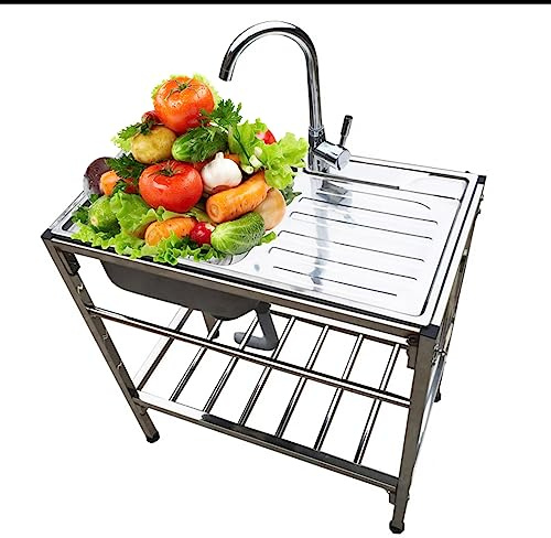 Freestanding Stainless Steel Utility Sink with Workbench Storage Shelves Drainer and Tap Ideal for Outdoor Garage Commercial Kitchen and Laundry Room Use