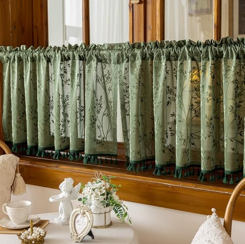 Tolldek Scheibengardinen Kurz Fenstergardinen 2er Set B 140 x H 45 cm Stickerei Gardinen Grün Transparent Küchengardinen Fenster Wohnwagen Vorhänge mit Stangedurchzug
