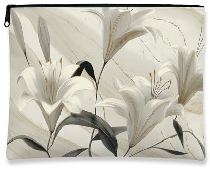 Trousse de maquillage élégante et moderne avec motif floral de lys blanc pour femme, trousse de toilette portable en toile avec fermeture éclair, blanc, 7x9 Inch, Lys