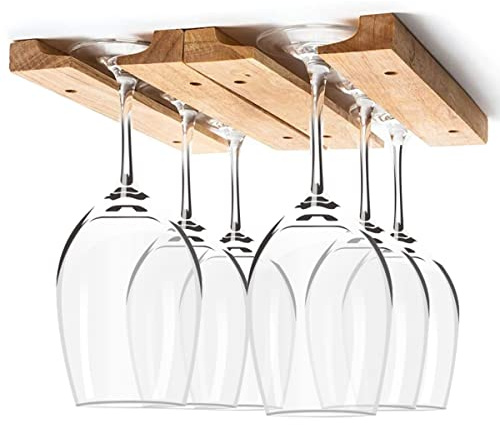 YUEKUNTJ Hanging Wine Glass Holder Rack 11Inch Wooden Wine Glass Holder Shelf Mounted Under-Cabinet Stemware Storage Hanging Shelf Glassware Holders Bar Organizer with 8 Screws No Drilliing