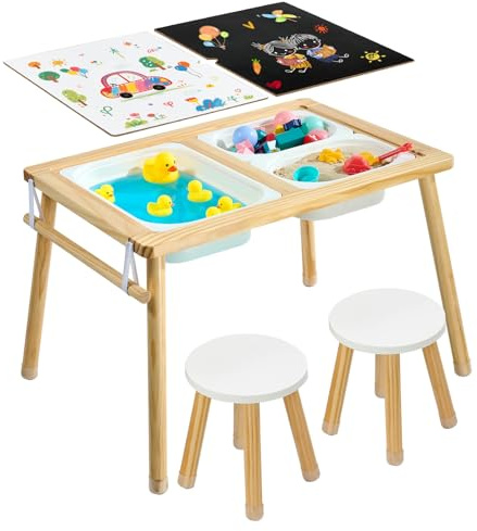 VEVOR Mesa Sensorial Infantil, Mesa de Madera de Actividades para Niños, con 2 Taburetes Tablero de Doble Cara y Cajas de Almacenamiento, Patas Antideslizantes, Multifuncional para Juegos Exploración