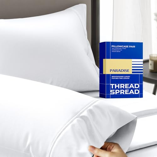 Thread Spread 100% Egyptian Cotton Pillow Cases Queen Size Set of 2 - Luxury 1000 Series Paradise Collection Queen Pillow Cases (White), Soft Cooling Sateen Hotel Egyptian Cotton Pillowcases