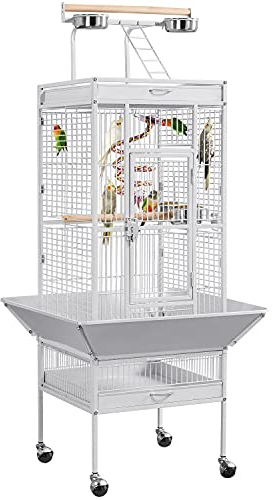 Yaheetech Vogelkäfig Vogelvoliere Vogelhaus Vogelbauer Käfig für Papageien 65,5 x 65,5 x 156 cm,Weiss