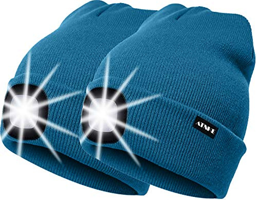 ATNKE 2Pcs Neue Warme LED beleuchtete Mütze,Unisex USB wiederaufladbare Laufmütze Ultra Bright 4 LED wasserdichte Lichtlampe Mehrfarbig