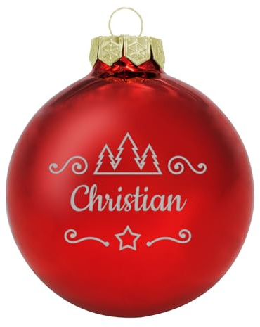Deitert Weihnachtskugel mit Namen oder Wunschtext graviert, Ø 8cm, personalisierte Christbaumkugel aus Glas (glänzend), individueller Weihnachtsbaumschmuck mit Gravur, Tannen-Motiv, Rot