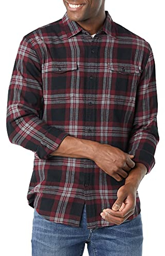 Amazon Essentials Camisas de Franela de Manga Larga y Corte Ajustado con Dos Bolsillos Hombre, Negro Burdeos Cuadros Escoceses, XS