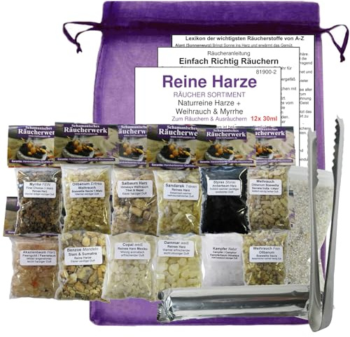 12x Räucherwerk WEIHRAUCH + BOSWELLIA + MYRRHE + NATURKAMPFER + Olibanum + KOPALHARZ + Styrax + BENZOE UVM. 17-TLG RÄUCHERSORTIMENT mit RÄUCHERZANGE + Räucherkohle + Sand. 81900-2Z