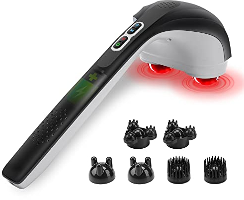 Snailax Kabelloses Massagegerät mit Wärmefunktion, Percussion Handmassagegerät mit 3 Sätze Doppel-Ersatzköpfe, wiederaufladbares Handheld-Massagegerät für Nacken, Rücken, Schulter Schmerzlinderung
