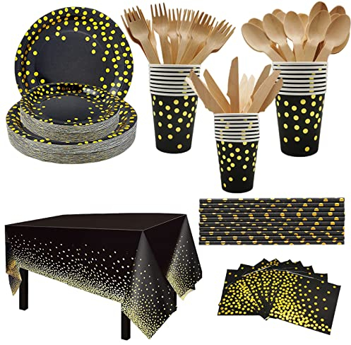 CEILIWEN Black and Gold Party Tableware, 201PCS Black and Gold Party Supplies Set, Paper Tableware Set, Party Dinnerware Set Includes Black Paper Plates, Cup, Straw, Tablecloth, Napkin, Cutlery
