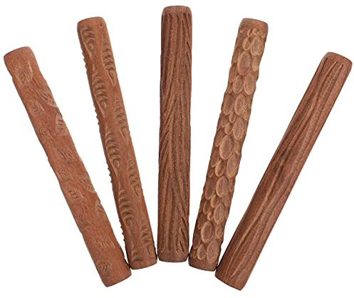 Happyyami 5pcs Wooden Handle Mud Rolling Tool for Pottery Pattern Rollers Clay Modeling Supplies Comfortable Grip for DIY Ceramics