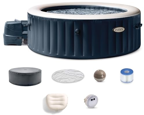 INTEX PureSpa Plus 6 Person Round Inflatable Hot Tub, Bubble Massage Spa Set with Energy Efficient Cover, 2 Headrests, & LED Light, 85 in x 28 in