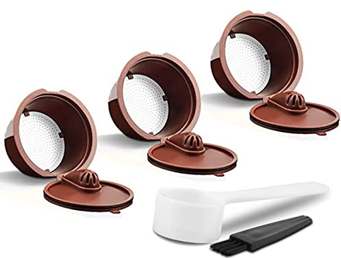 RECAFIMIL Wiederverwendbare Kaffeekapseln für Dolce Gusto nachfüllbare Kaffeepads mit lebensmitteltauglichem Edelstahlgeflecht, 3 Kapseln, 1 Löffel und 1 Bürste, Brown