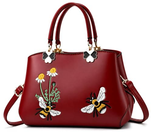 VARLIVOO Elegant Damen Handtaschen Stickerei Schultertaschen Frauen Umhängetasche Taschen Reisen Shopper Taschen Damen Taschen Crossbody Bag Arbeit Reisen PU Leder Rotwein B