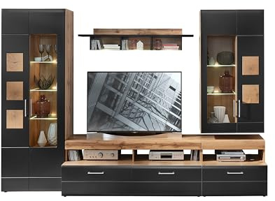 Stella Trading SONATE Wohnwand Komplett-Set in Eiche Altholz Optik, Schwarz - Moderne Schrankwand mit LED-Beleuchtung für Ihr Wohnzimmer - 330 x 208 x 52 cm (B/H/T) | 330 x 208 x 52 cm (B/H/T), moderne Schrankwand für Wohnzimmer, 5 Elemente, Metallgriffe, Lack Laminat supermatt, Metallgriffe